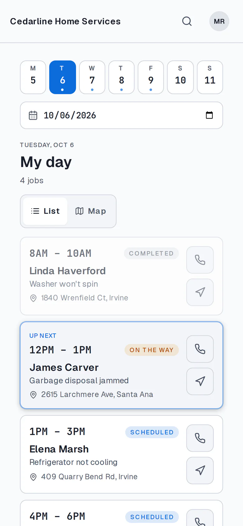 The Buildwell technician app: My day, with a completed job, the job the tech is on the way to, and the rest of the day (sample data)