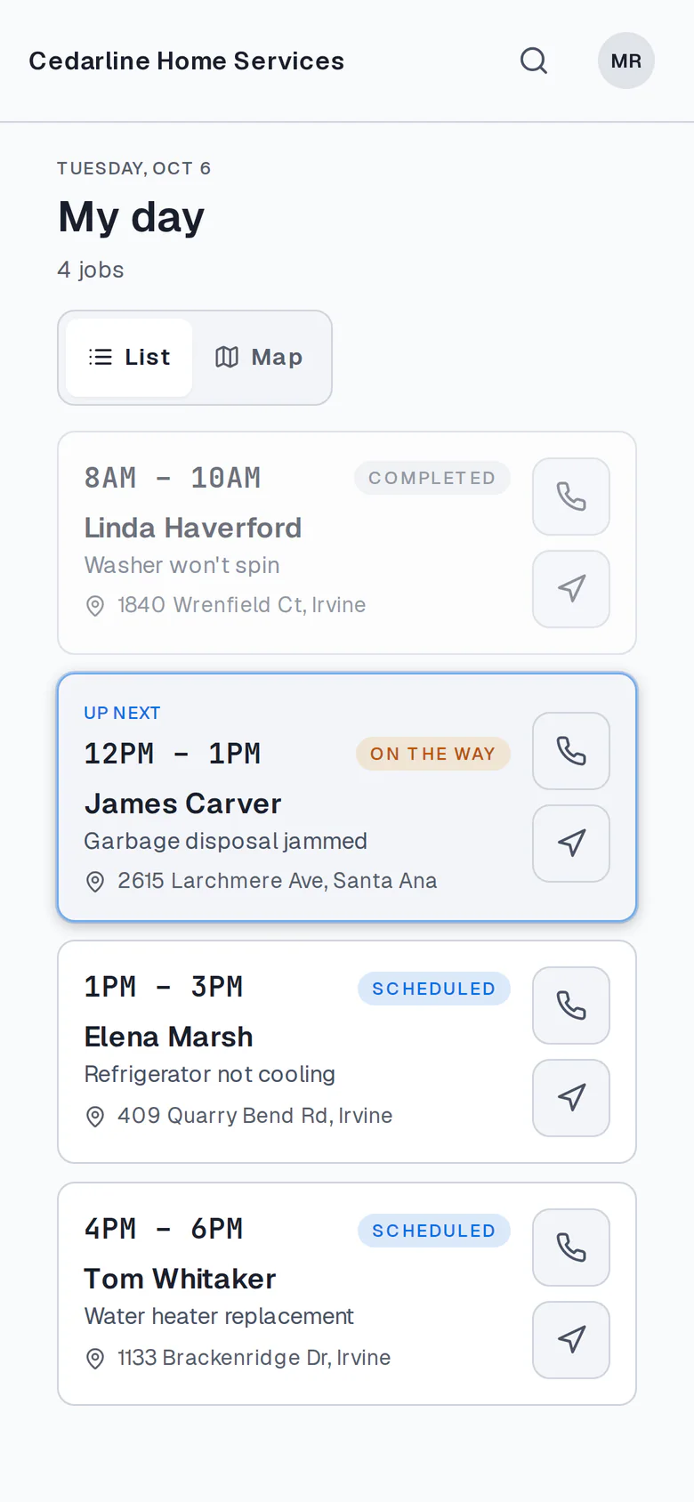 The Buildwell technician app: today's jobs with their time windows and live status (sample data)
