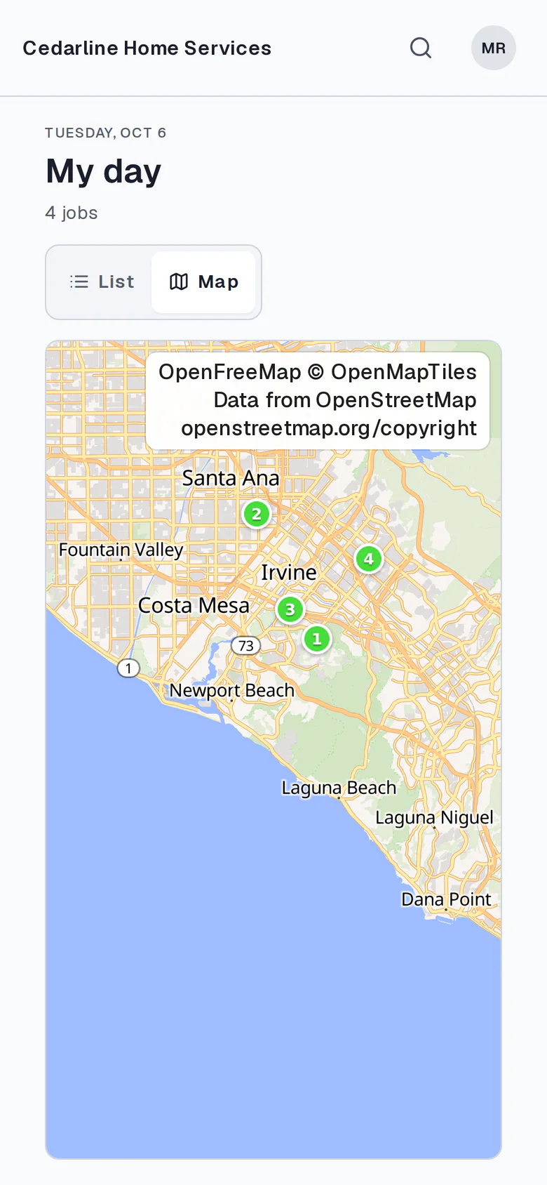 The Buildwell technician app: today's stops on a route map (sample data)